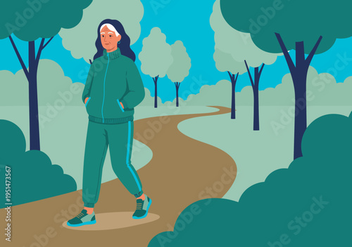 A senior woman enjoys an active lifestyle in a park, wearing modern activewear.  Clean, contemporary illustration style. Focus on wellness and healthy aging.