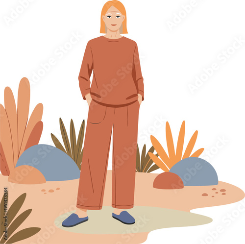 A senior woman exudes calm in a minimalist leisurewear look. She stands confidently against a natural backdrop, showcasing comfortable style and a relaxed aesthetic.