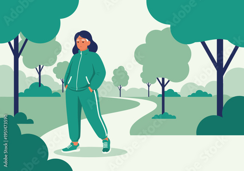 A senior woman enjoys an active lifestyle in a modern tracksuit, strolling along a path in a serene park.  Stylish and comfortable, perfect for contemporary activewear campaigns.