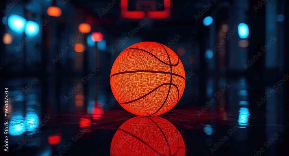 Fototapeta premium Glowing basketball in orange on mirrored floor with dynamic neon lighting and blurred urban environment