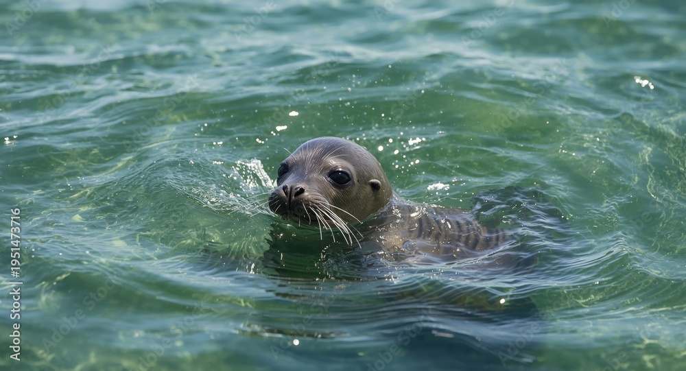 Fototapeta premium Lively seal pup surfacing through shimmering green sea on a bright summer afternoon