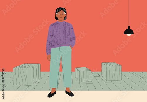 A senior Scandinavian woman in a casual sweater and pants stands in a modern studio setting. Warm lighting and a simple background highlight her relaxed style.