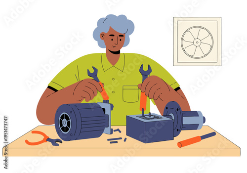 A skilled technician repairs a ventilation fan motor, showcasing a focused and practical repair process. Clean, modern illustration style.