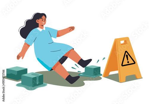 A woman slips on a wet floor, highlighted by a warning sign. Illustrative style, clear hazard communication. Suitable for safety awareness campaigns.