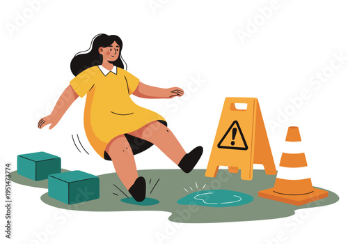 A woman slips on a wet floor, highlighting a hazard. A warning sign and cone are present. Illustrative style, vibrant colors, and dynamic action. Suitable for safety awareness campaigns.