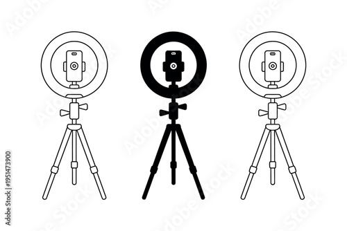 Ring light icon set with tripod stand camera and phone in outline silhouette vector illustration