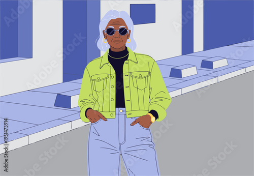 Stylish senior woman rocks a vibrant yellow denim jacket and sunglasses. Modern street style illustration. Bold colors, urban setting.