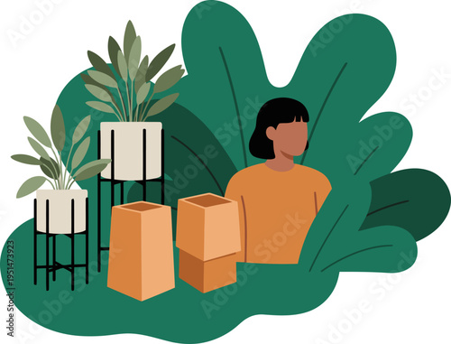 A stylish woman works amidst lush greenery in a botanical workspace cafe. Modern design, warm tones, and a productive atmosphere. Perfect for home office or cafe concepts.