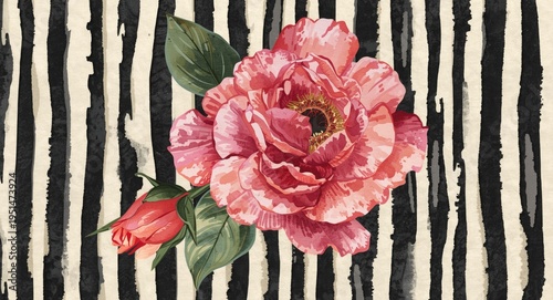Leopard stripe design complementing watercolor rose and peony art