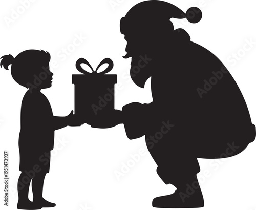 Black silhouette of Santa Claus giving a gift to a little girl