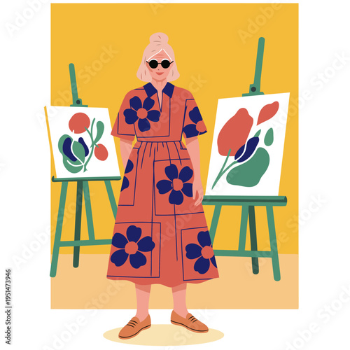 A stylish woman in a floral dress stands before paintings, showcasing an artistic pattern. A vibrant, creative scene with a modern aesthetic.