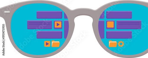 Stylish glasses reflect a digital interface, showcasing tech icons and data streams. Modern graphic design, vibrant colors, and a tech-focused aesthetic.