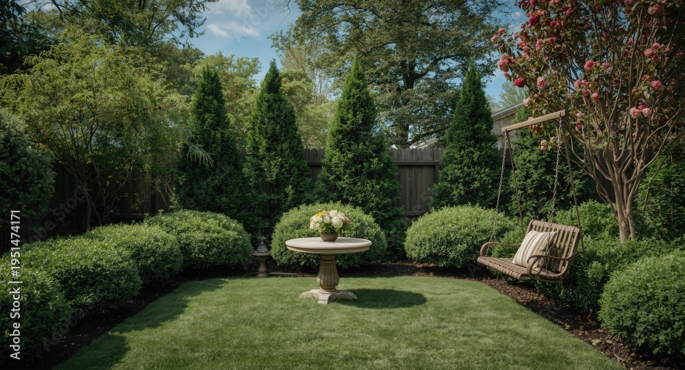 Fototapeta premium Backyard floral setting with shrubs trees a table and a swing in flat style