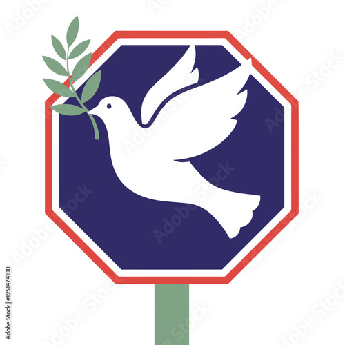 A stylized stop sign featuring a white dove with a laurel branch, symbolizing peace. Bold design, clear composition, ideal for campaigns promoting harmony and non-violence.
