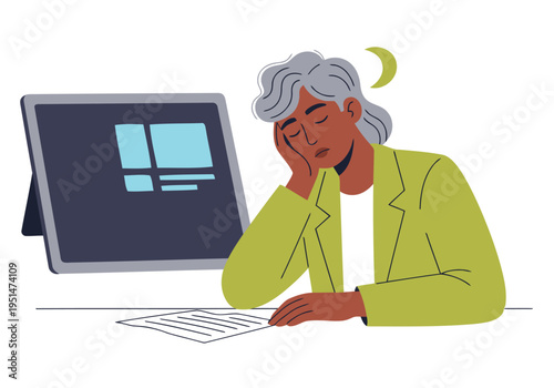Tired editor slumps over a tablet late at night, surrounded by digital icons. A visually appealing illustration depicting work-related stress and exhaustion.