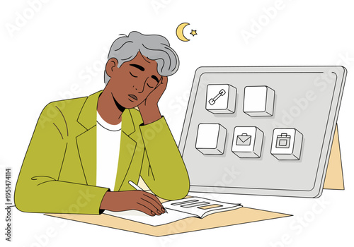 A tired editor works late, slumped over a tablet displaying editing tools. Soft lighting and a muted color palette create a relatable, late-night work scene.