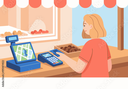 A tourist pays at a food stall using a mobile payment system. Bright colors and a modern setting create a cheerful, commercial image.