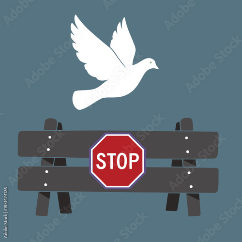 A stylized peace dove flies above a 'Stop' barricade, symbolizing an end to conflict. Modern graphic design, muted tones, impactful message.