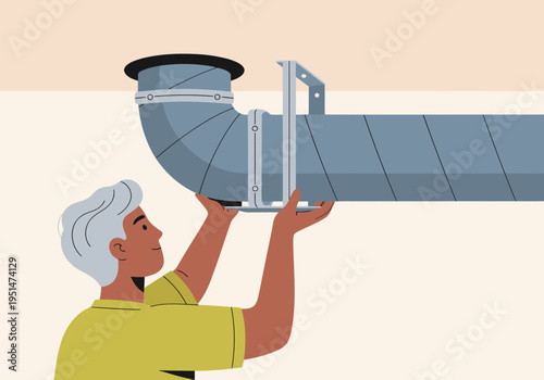 A technician installs a ventilation duct ceiling mount. Clear, bright illustration showcasing a professional installation process. Modern, clean design.