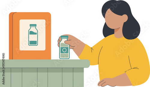 A woman uses a juice bottle payment terminal. Clean, modern illustration with a focus on technology and retail. Bright, pastel colors.