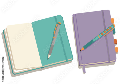 Two notebooks with pens sit on a neutral background. A clean, modern design perfect for office or creative projects. Ideal for business, productivity, and lifestyle visuals.
