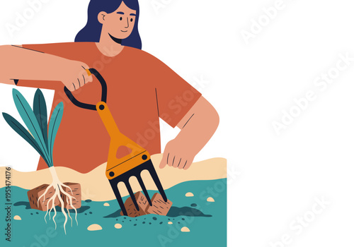 A woman uses a weed puller for yard maintenance, showcasing a clean, modern aesthetic. Bright colors and a focused composition highlight the task.