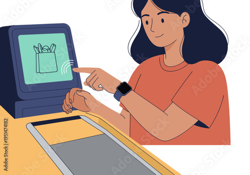 A young woman uses a smartwatch to pay for groceries at a store. Modern, clean design with a focus on contactless payment. Bright, inviting scene.