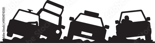 Black silhouette of three overturned vehicles cars