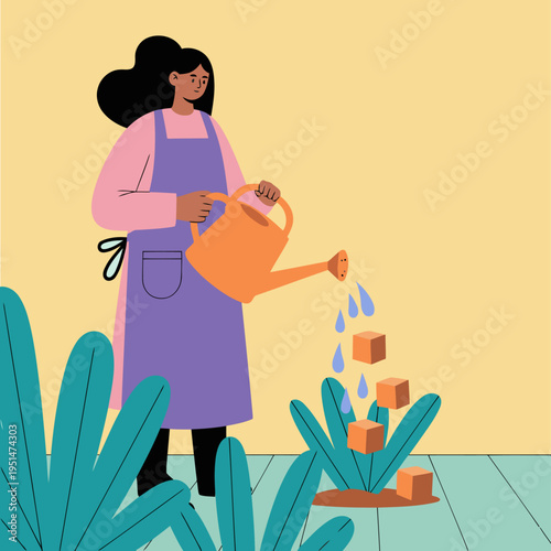 A woman waters plants with a watering can in a home garden setting. Soft colors and a cheerful illustration style create a welcoming image for gardening themes.