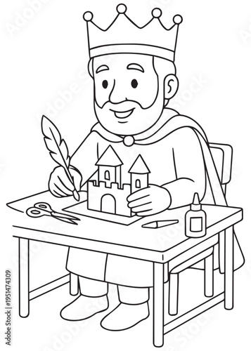 coloring book king building a small model castle during craft time