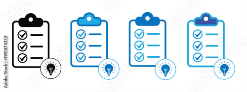 Checklist icon set with clipboard and light bulb icons representing creative planning, business ideas, task management, creative solutions, and productivity. Vector illustration