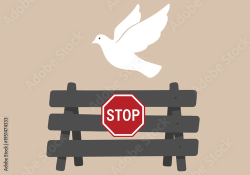 A white dove flies above a stop sign barricade, symbolizing peace. Modern, graphic illustration with a muted green background.  Ideal for campaigns promoting harmony and non-violence.