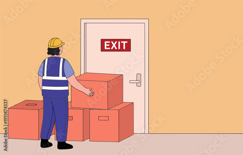 A worker blocks a fire exit with boxes, highlighting a safety hazard. Clear composition, bright colors, and professional attire. Suitable for workplace safety visuals.