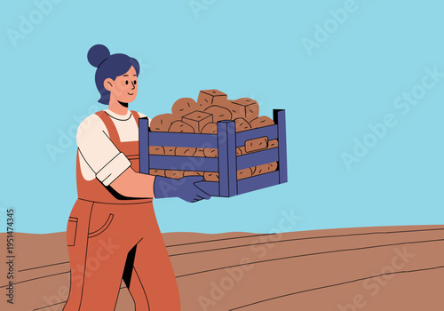 A worker carries a crate of harvested potatoes in a rural field.  Warm tones and a simple, modern illustration style.  Agricultural theme.