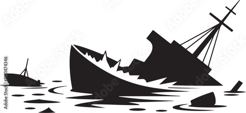 Black silhouette of shipwreck on rocky sea floor with another vessel