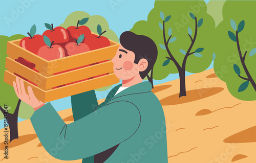 A worker harvests apples, carrying a crate brimming with fresh fruit in an orchard. A vibrant, wholesome scene perfect for agricultural or lifestyle visuals.