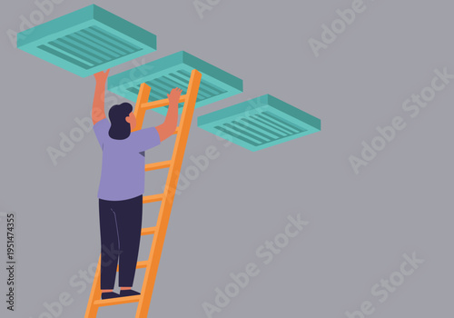 A worker ascends a ladder to maintain a ceiling fan in an office. Focus on ladder safety and maintenance. Clean, modern style.