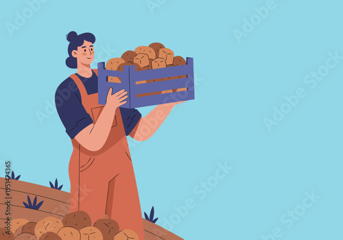 A smiling worker carries a crate of harvested potatoes in a rural field.  Warm tones and a simple, appealing composition.