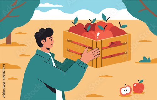 A worker harvests apples from a crate in an orchard. A vibrant scene of autumn labor and fresh produce.  Ideal for harvest, agriculture, and lifestyle themes.