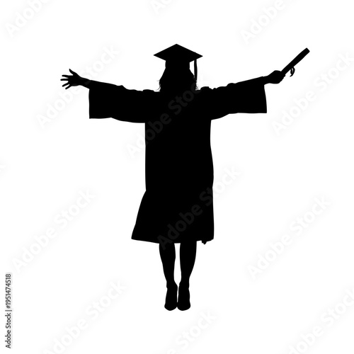 Silhouette of a female graduate student holding diploma, front view - vector illustration