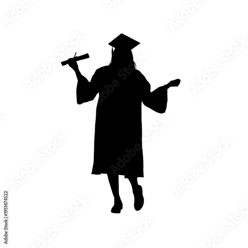 Silhouette of a female graduate student holding diploma, front view - vector illustration