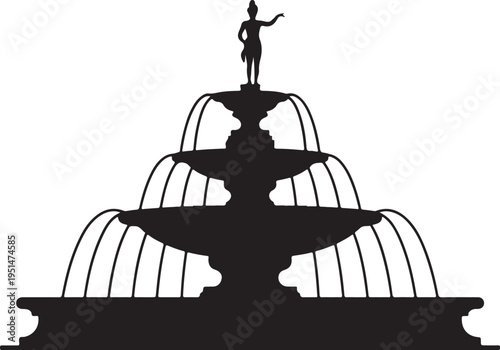 Black silhouette of three tiered fountain with statue