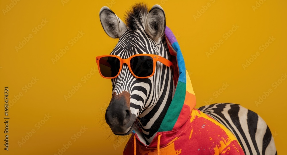 Fototapeta premium Fashionable zebra sporting bold sunglasses and a vivid multicolor hoodie