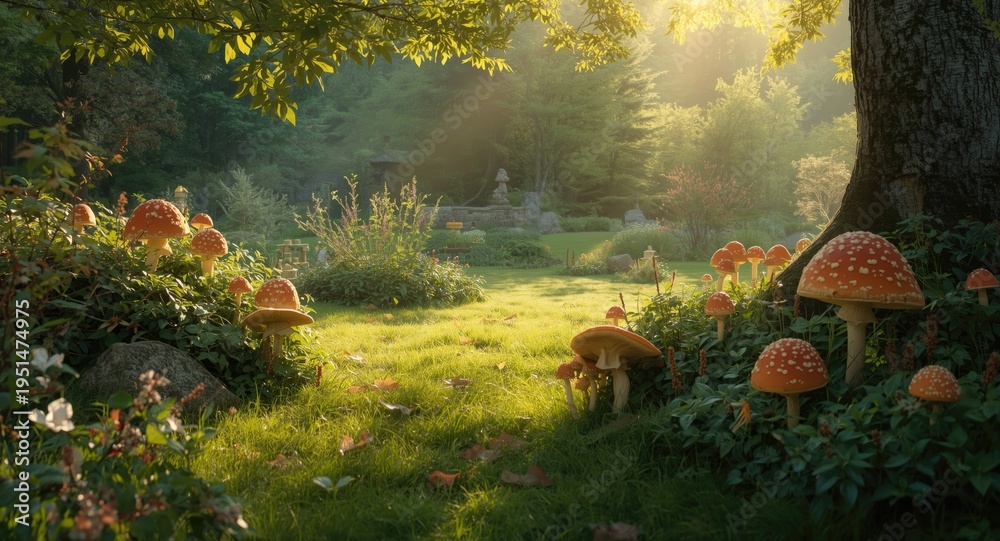Obraz premium Serene garden with lively elves and vivid mushrooms under soft sunlight