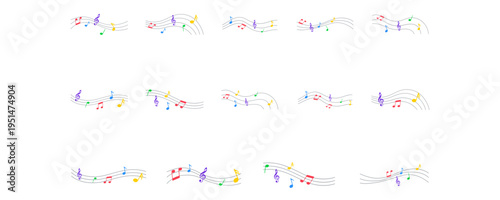 Set of Colorful musical notes on staves