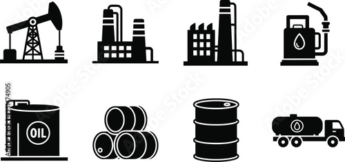 Oil and Gas Industry Icon Set, Black Flat Vector Graphics for Energy Sector Logistics, Industrial Refinery Management, Petroleum Engineering, and Global Fuel Supply Chain Design