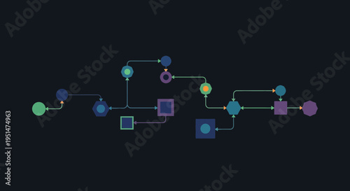 Abstract interconnected geometric shapes forming a digital network flow on a dark background