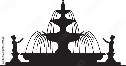 Black silhouette of three tiered fountain with two child statues