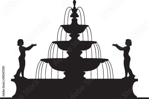 Black silhouette of three tiered fountain with two children