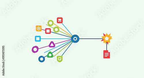 Abstract data network diagram connecting multiple inputs to a central node and an output star with document